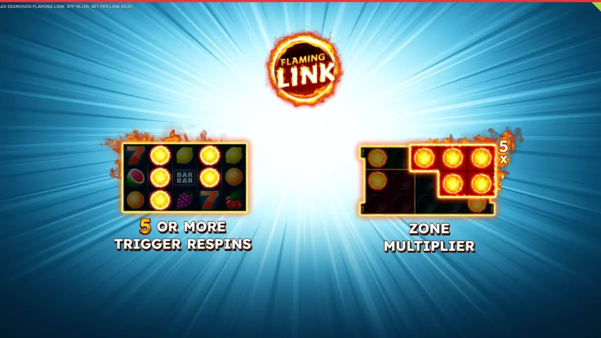 Maaax Diamonds Flaming Link slot game display with fiery diamond symbols