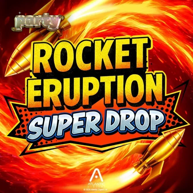 Tampilan visual slot Rocket Eruption Super Drop dengan tema gunung berapi dan dinosaurus