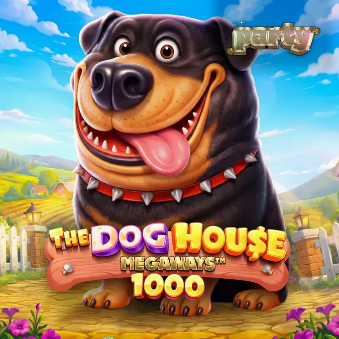 Tampilan visual slot The Dog House Megaways 1000 dengan simbol anjing yang ikonik